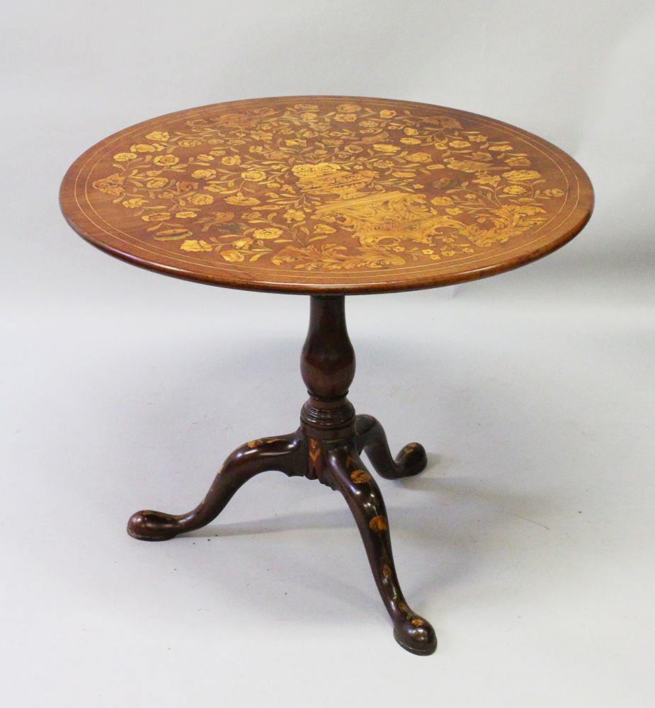 A GOOD 19TH CENTURY DUTCH MARQUETRY CIRCULAR TILT TOP TABLE with bird cage support, turned pillar