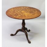 A GOOD 19TH CENTURY DUTCH MARQUETRY CIRCULAR TILT TOP TABLE with bird cage support, turned pillar