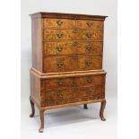A GOOD 18TH CENTURY WALNUT CHEST ON STAND, the top with two short and three long drawers, on a