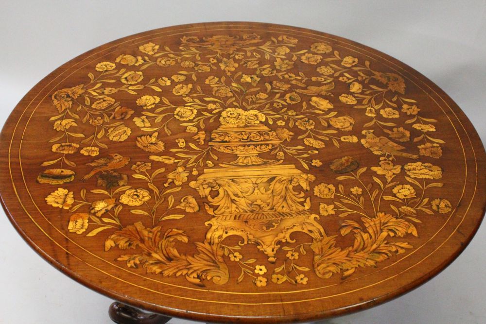 A GOOD 19TH CENTURY DUTCH MARQUETRY CIRCULAR TILT TOP TABLE with bird cage support, turned pillar - Image 2 of 5