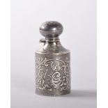 A DUTCH SILVER MINIATURE CYLINDRICAL SCENT BOTTLE AND STOPPER decorated with figures and scrolls.