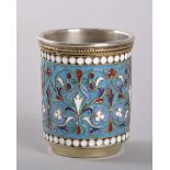 A SMALL RUSSIAN SILVER AND CHAMPLEVE ENAMEL CUP-BEAKER. AC over 1898 84.