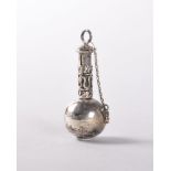 A MINIATURE SILVER PERFUME BOTTLE and chain, shape of a bottle with a long neck. 3.5cms.