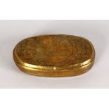AN 18TH CENTURY DUTCH BRASS ENGRAVED OVAL TOBACCO BOX. 4.5ins long.