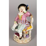 A GOOD 19TH CENTURY MEISSEN FIGURE OF A YOUNG BOY sitting on a chair crying. Cross swords mark in