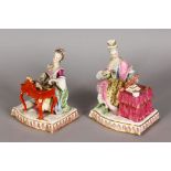 A VERY GOOD PAIR OF MINTON "MEISSEN" DESIGN FIGURES, two ladies, one looking at a mirror, the