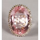 A SUPERB VERY LARGE PINK KUNZITE AND DIAMOND RING IN 18CT WHITE GOLD.