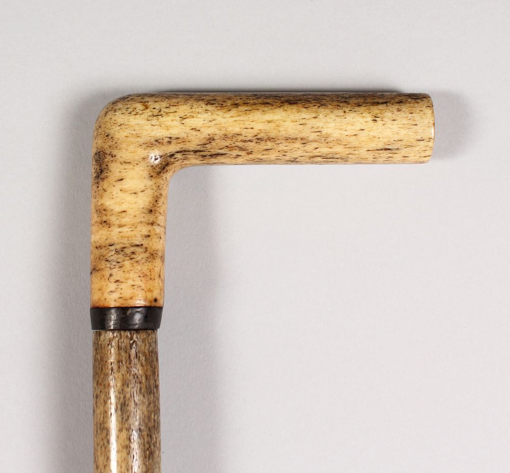 A SPECKLED NARWHAL TUSK WALKING STICK, Circa. 1900. 36ins long.