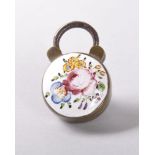 AN 18TH CENTURY BILSTON ENAMEL SMALL PADLOCK with filigree foliate motif, the other side painted