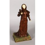 OUVET A GOOD BRONZE AND IVORY FIGURE OF A YOUNG LADY, holding a mirror with ivory face and hands and