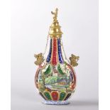 A SUPERB 18TH CENTURY SOUTH STAFFORDSHIRE PEAR SHAPED ENAMEL PERFUME BOTTLE, STOPPER AND CHAIN, 11.