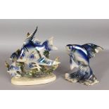 TWO DUTCH POTTERY GROUPS OF FISH. 10.5ins and 7.5ins high.