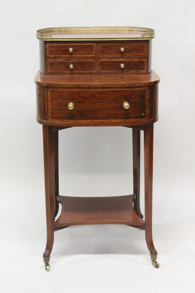 A LADIES GOOD SHERATON REVIVAL MAHOGANY TABLE, with brass grill gallery, over four small drawers, - Image 2 of 2