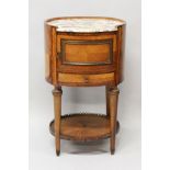 A 1920'S FRENCH KINGWOOD OVAL BEDSIDE COMMODE, with marble top, single drawer and panel door