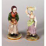 TWO RUSSIAN GARDNER PORCELAIN FIGURES of an old lady, a bag on her back, in a striped skirt, and a