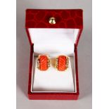A VERY NICE PAIR OF 18CT YELLOW GOLD, CORAL AND DIAMOND EARRINGS.