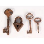 A SMALL 17TH CENTURY IRON LOCK, 2.5ins, and THREE VARIOUS KEYS.