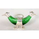 A GREEN GLASS AND SILVER PLATED DOUBLE ENDED CLARET JUG, in the form of two ducks. 1ft 3ins long.