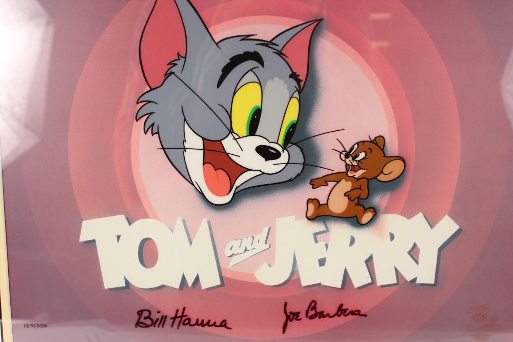 A HAND-PAINTED CHARACTER CEL, "TOM & JERRY LOCO", WARNER BROS, signed by BILL HANNA AND JOE BARBERS, - Image 2 of 2