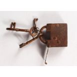 A 17TH CENTURY SQUARE IRON PADLOCK WITH KEYS, in working order. 3ins x 2.5ins.