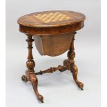 A VICTORIAN FIGURED WALNUT OVAL GAMES-SEWING TABLE, with chessboard top, opening to reveal a