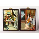 A PAIR OF FRAMED AND GLAZED REVERSE PAINTINGS ON GLASS of Chinese ladies, in an interior. 22ins x