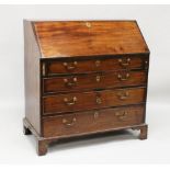 A GEORGE III MAHOGANY BUREAU, with fall front, fitted interior over four long graduated drawers with