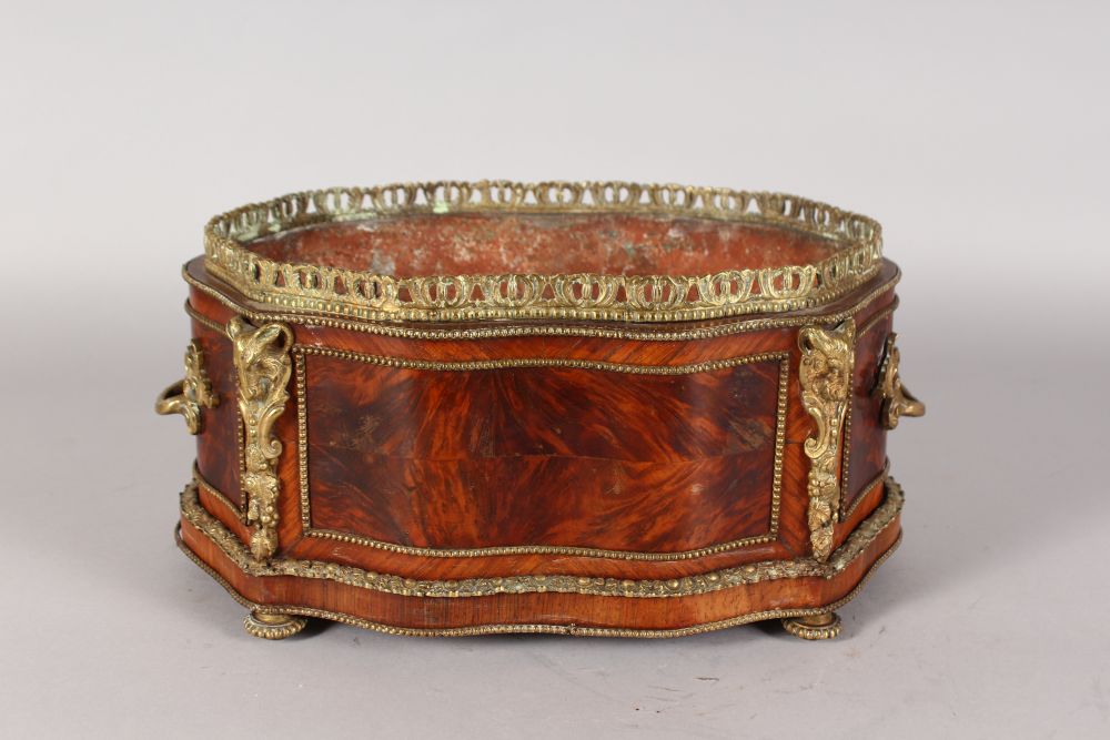 A 19TH CENTURY FRENCH LOUIS XVI SHAPED MAHOGANY AND ORMOLU PLANTER with tin liner. 14ins long, 6. - Image 2 of 2