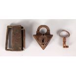 TWO 16TH-17TH CENTURY CAST IRON LOCKS, 4.5ins, 4ins and A SMALL KEY, 3ins (3).