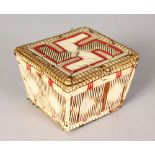 A RED INDIAN SQUARE QUILLWORK BASKET. 4.5ins.