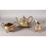 AN ELKINGTON & CO THREE PIECE TEA SET, comprising teapot, sugar basin and milk jug, with floral