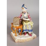 A GOOD 19TH CENTURY MEISSEN GROUP, "SOUND", a young girl seated feeding a bird in a cage. Cross