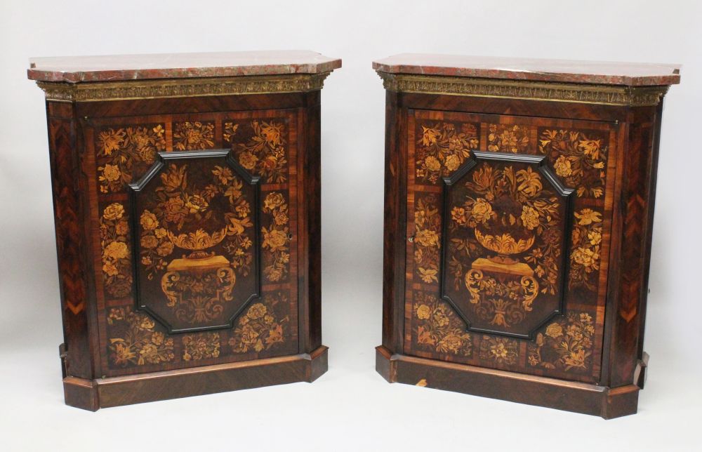 A SUPERB PAIR OF VICTORIAN MARQUETRY CABINETS, with grey veined marble tops, ormolu mounts, and