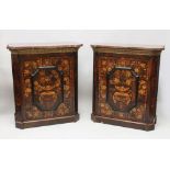 A SUPERB PAIR OF VICTORIAN MARQUETRY CABINETS, with grey veined marble tops, ormolu mounts, and