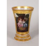 A GOOD EARLY 19TH CENTURY BEAKER, amber and gilt bands and a painted panel, young girls in a