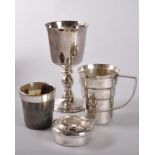 A CHRISTOFLE .925 SILVER BOX, HORN BEAKER, MEASURE AND MAPPIN & WEBB GOBLET (4).