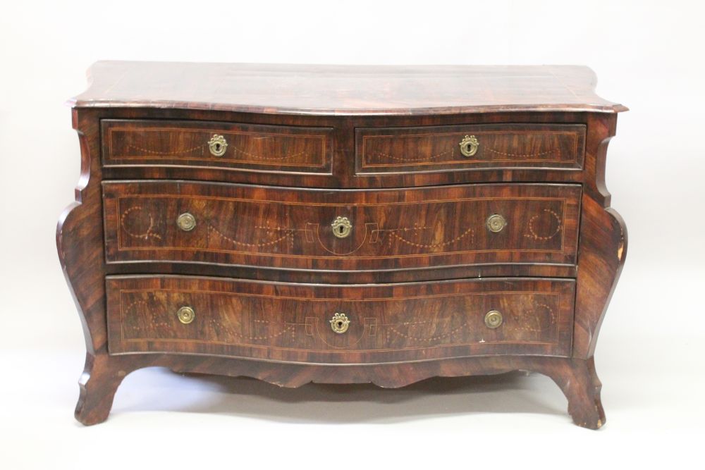 A SUPERB RARE 18TH CENTURY MALTESE SERPENTINE FRONTED COMMODE, with crossbanded top, three long - Image 3 of 3