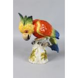A SUPERB MEDIUM SIZE POLYCHROME MEISSEN PARROT standing on a tree stump with lilies of the valley.