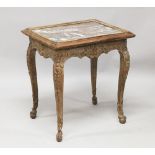 AN 18TH CENTURY FRENCH MARBLE TOP TABLE, carved frieze and legs. 1ft 11ins wide.