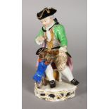 A GOOD 19TH CENTURY MEISSEN FIGURE OF A YOUNG BOY sitting in a chair playing with a dog. Cross