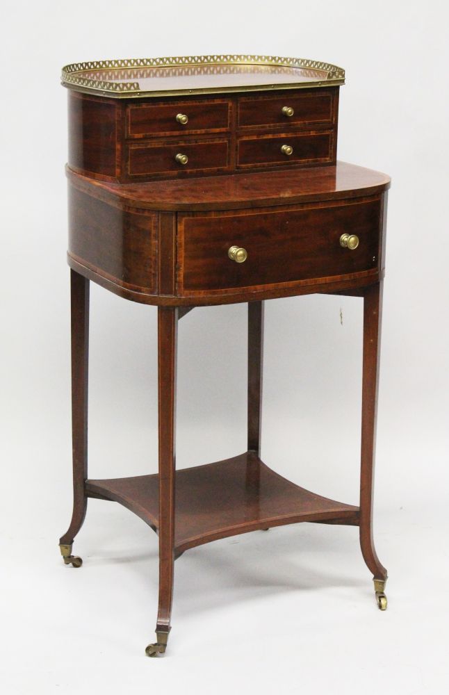 A LADIES GOOD SHERATON REVIVAL MAHOGANY TABLE, with brass grill gallery, over four small drawers,