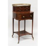A LADIES GOOD SHERATON REVIVAL MAHOGANY TABLE, with brass grill gallery, over four small drawers,