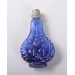 A BLUE MOULDED GLASS PERFUME BOTTLE by BERNARD PERROT, vase shaped, fleur-de-lys design, pewter