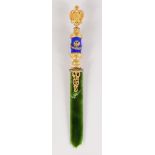 A SUPERB RUSSIAN SILVER, ENAMEL AND JADE PAPER TURNER set with diamonds. 10.5ins long.