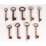 NINE VARIOUS 17TH CENTURY IRON KEYS. 5ins, 4.5ins (4) and 4ins (4).