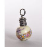 A MINIATURE PORCELAIN SCENT BOTTLE with gilt and blue enamel band and silver top, silver mark