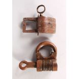 TWO SMALL 17TH CENTURY LOCKS, one with a key. 3.5ins and 3.75ins.