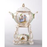 A 19TH CENTURY BERLIN PORCELAIN PERFUME BURNER decorated with romantic scenes and flowers, sceptre