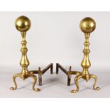 A GOOD PAIR OF 18TH/19TH CENTURY DUTCH BRASS ANDIRONS.