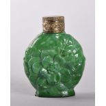 A CHINESE MOULDED GREEN GLASS PERFUME BOTTLE with metal screw cap, Circa. 1900. Provenance: DUX